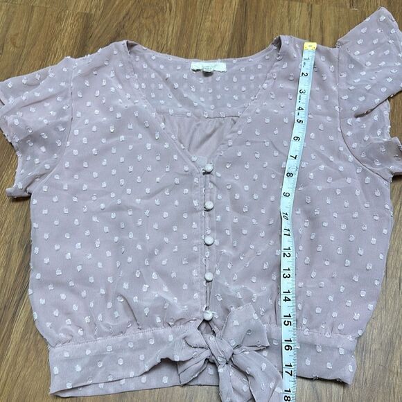 Sim & Sam Swiss Dot V Neck Ruffle Short Sleeve Blouse Sz M - Picture 7 of 9